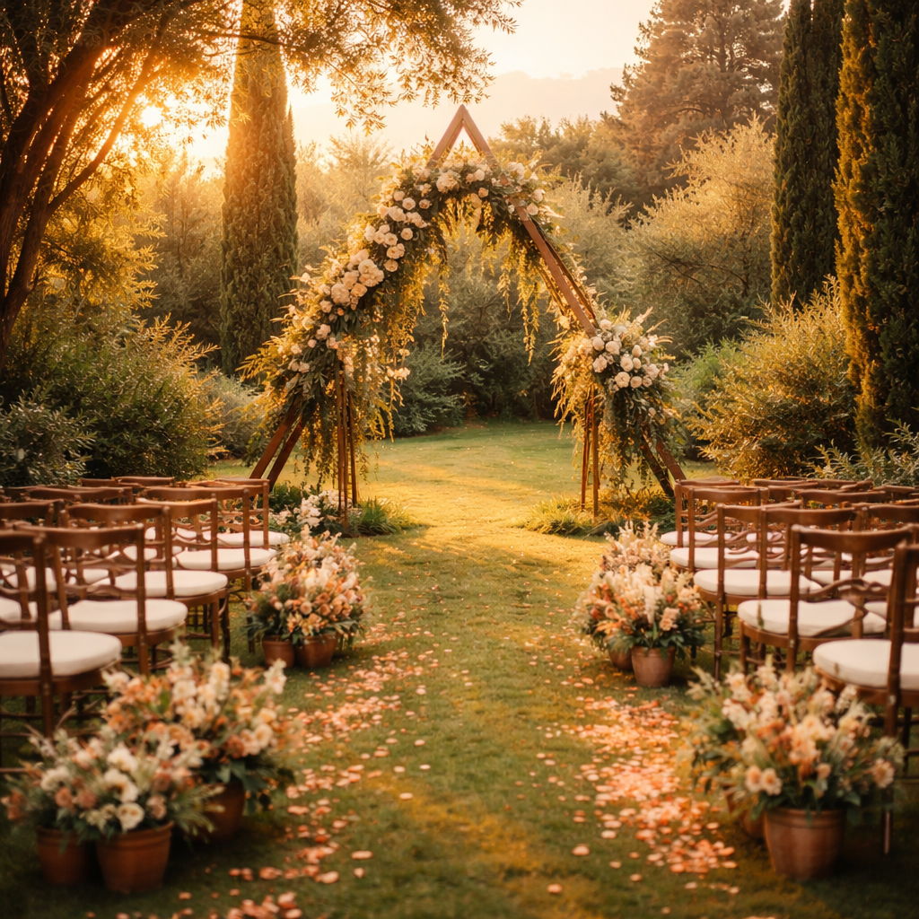 Açık hava bahçe düğünü, çiçek kemeri altında