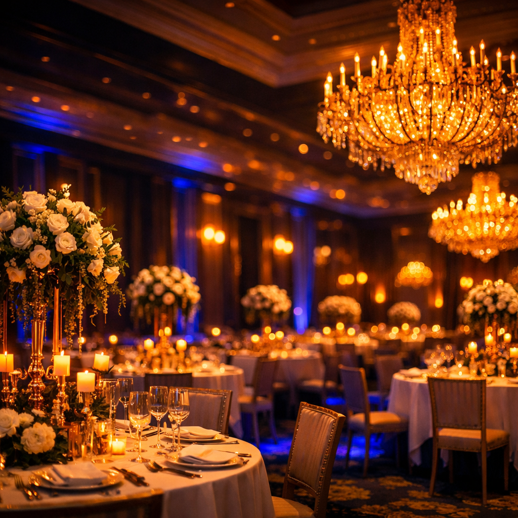 Işıltılı gala gecesi dekorasyonu, altın tonlarında aydınlatma