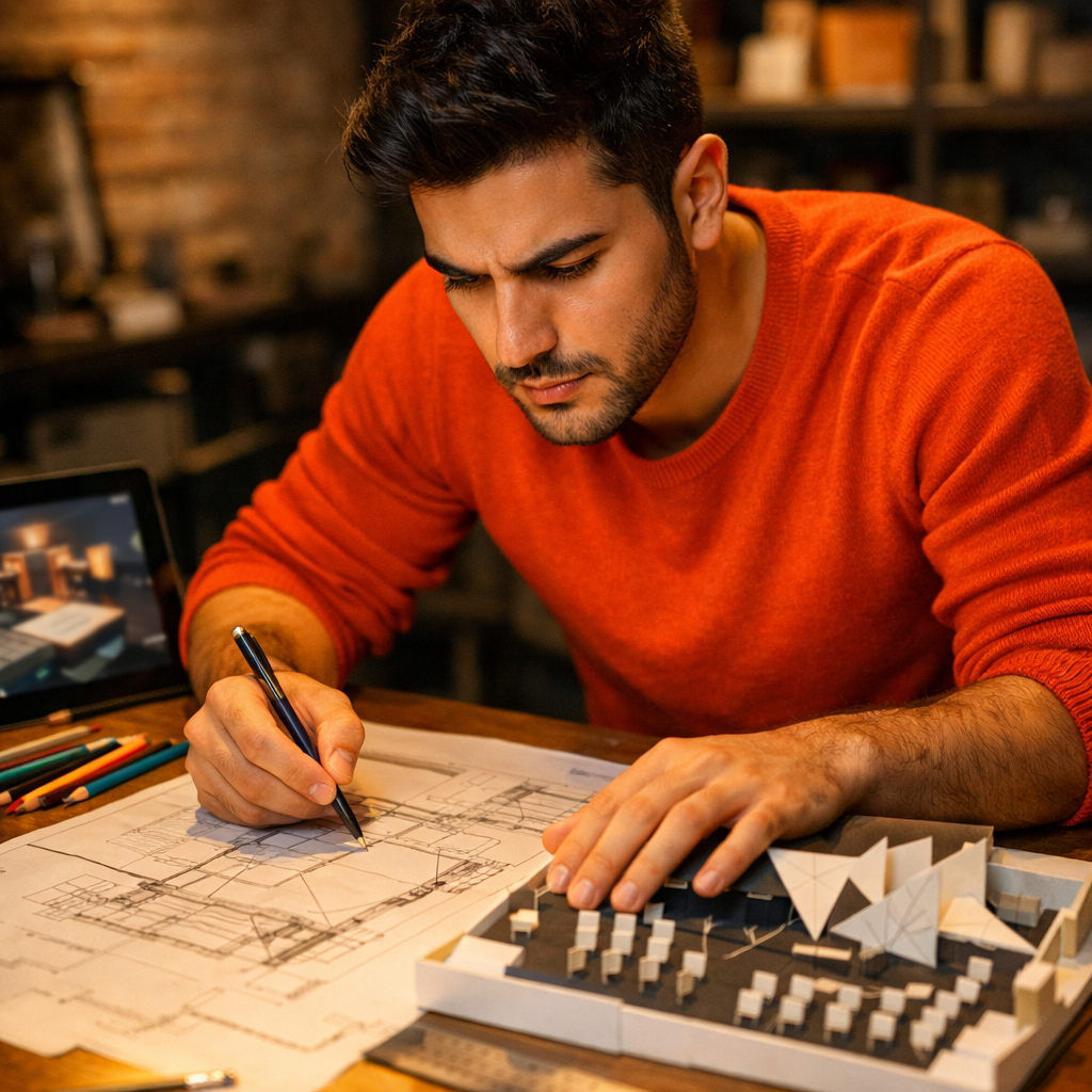 Kerem Yılmaz mekan tasarım çizimlerini incelerken