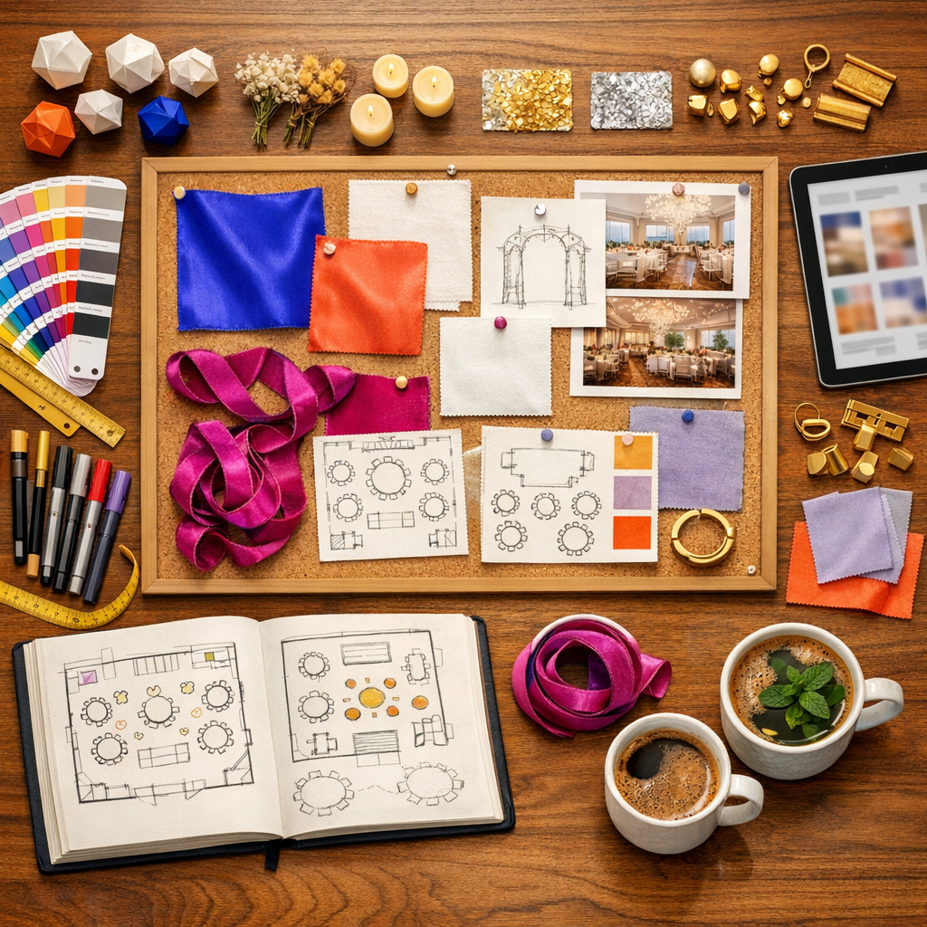 Etkinlik planlama süreci, dekor malzemeleri ve planlar masada