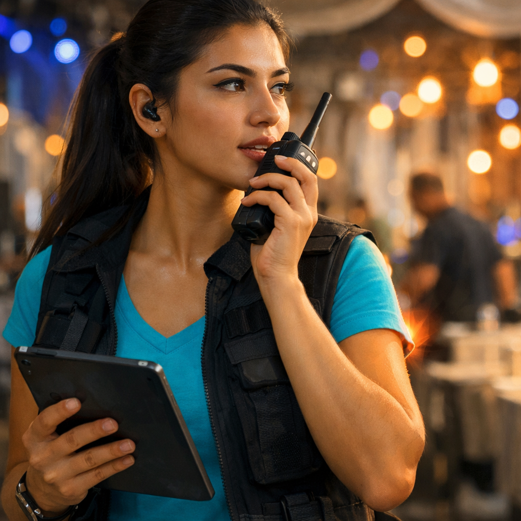 Selin Demir etkinlik koordinasyonu sırasında iletişim kurarken