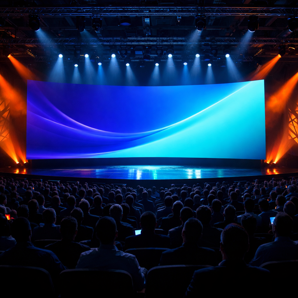 Teknoloji şirketi ürün lansman etkinliğinden sahne ve misafir alanı görünümü